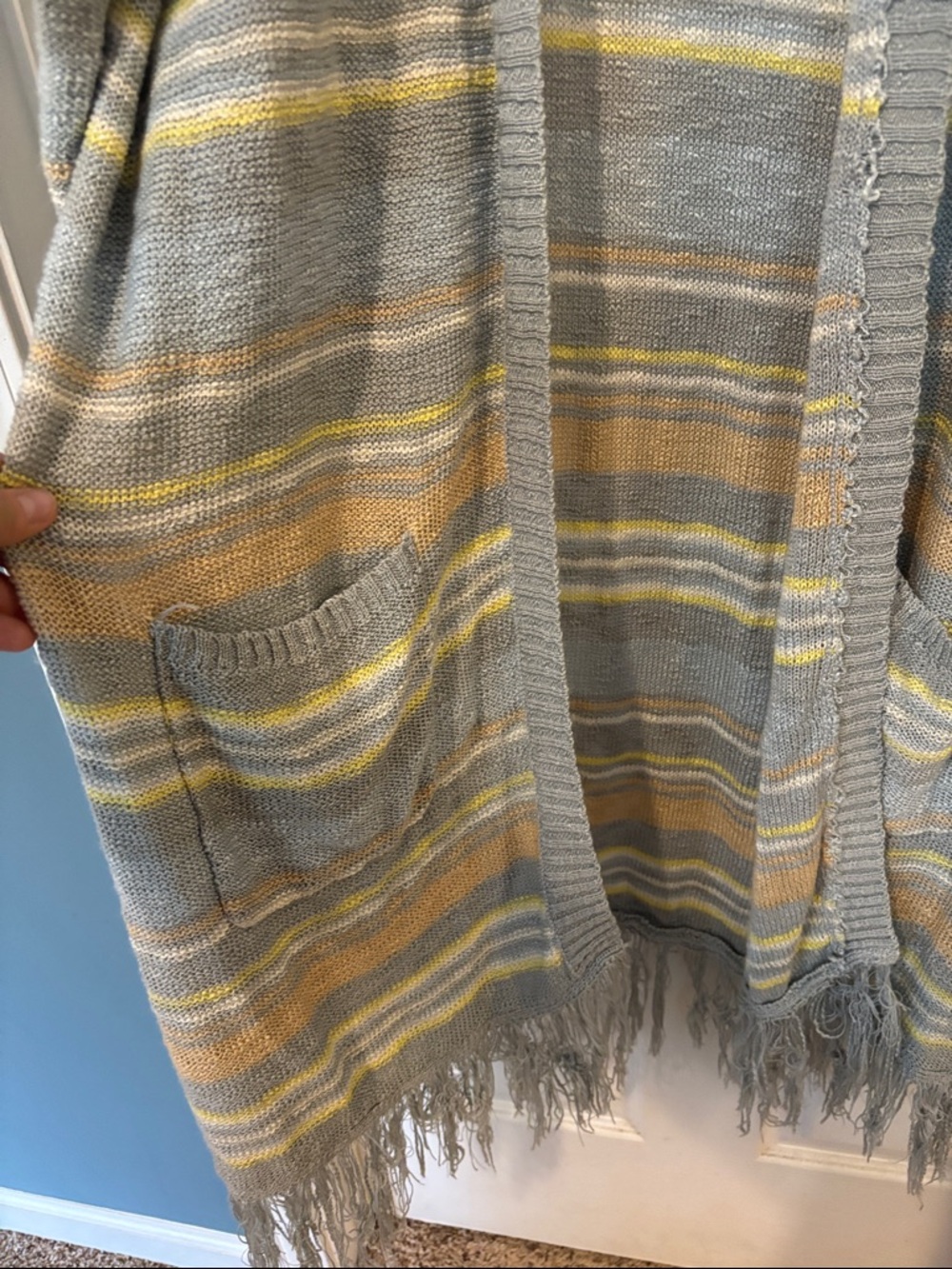 Light Gray & Yellow Striped Long Open Cardigan with Fringe.SizeXXL great w/jeans - Picture 5 of 7